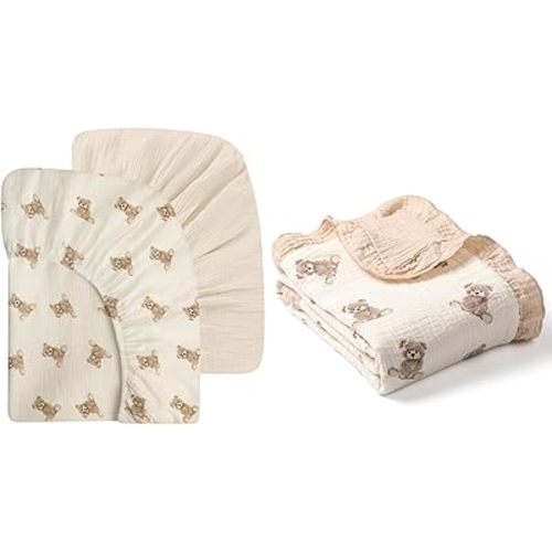 100% Organic Cotton 52x28 Inches Muslin Crib Sheets Fitted Crib Mattress Sheet 2 Pack for Baby Girls & Boys 100% Organic Cotton Muslin Baby Blanket Flounce Edge Large 50"x43" Teddy Bear
