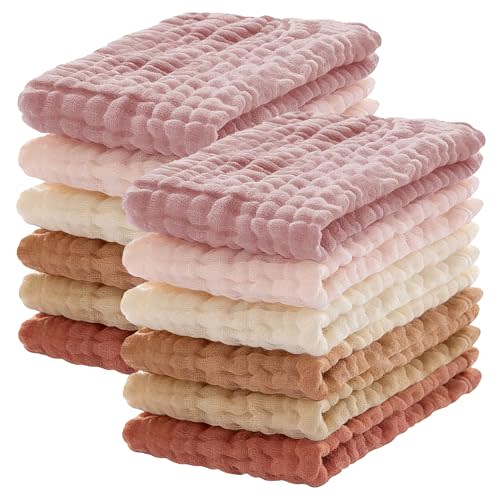 12 Pack Muslin Burp Cloths 100% Cotton Muslin Cloths Large 20''x10'' Extra Soft and Absorbent Baby Burping Cloth - Boho Neutrals