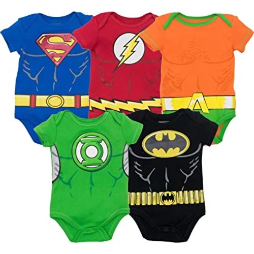 Justice League Baby Boys' 5 Pack Superhero Bodysuits - Batman Superman The Flash Aquaman & Green Lantern (3-6M)