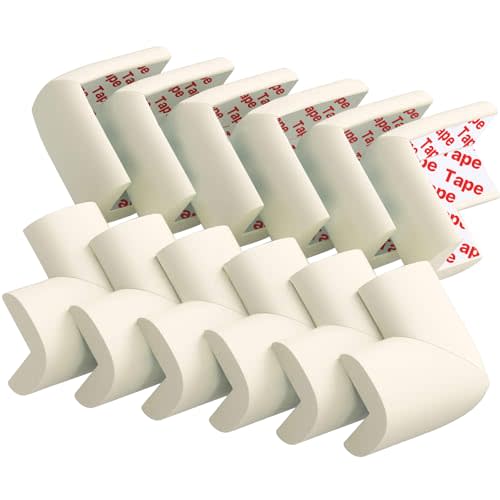12 Pack Soft Corner Protector Baby Proof Edge and Corner Guards(Off White) | Table Corner Covers Baby Safety, Rubber Bumpers for Furniture, Pre-Taped Foam Padding for Fireplace, Stair, Cabinet