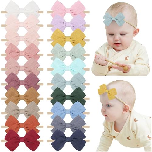 jollybows 20pcs Baby Girls Nylon Hair Bows Headbands Linen Bands Elastic Accessories for Baby Girls Infants preemie and Newborn Kids