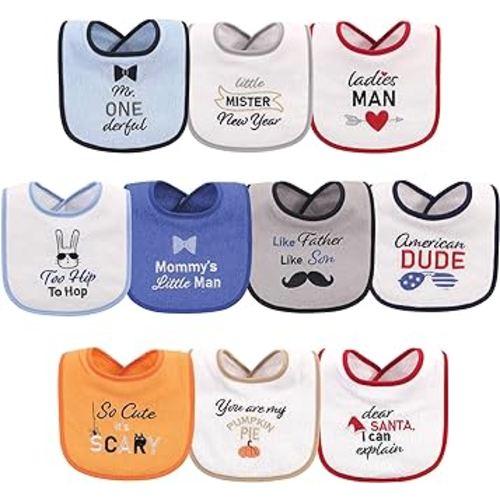 Hudson Baby Unisex Baby Cotton Terry Drooler Bibs with Fiber Filling, Holiday Boy Onederful, One Size
