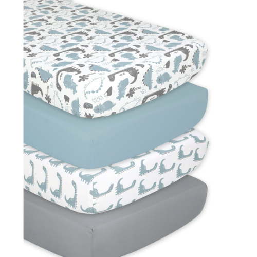 The Peanutshell 4 Pack Dinosaur Nursery Fitted Crib Sheets for Baby Boy or Girl, Blue Dino Theme