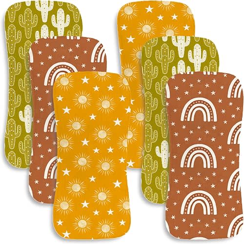 6 Pack Baby Burp Cloths, 100% Cotton Muslin with Boho Cactus Rainbow Sun Print, Large Soft & Absorbent Washcloths for Infants, Perfect Newborn Baby Boy & Girl Shower Gift