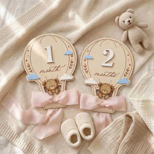 Baby Girl Milestone Plaque, Teddy Bear Hot Air Balloon, Reversible 1-12 Month (Basswood)