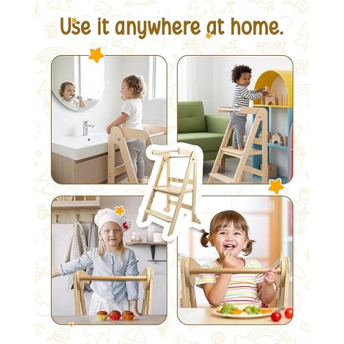 Foldable Toddler Tower – Space-Saving Folding Step Stool for Kitchen Counter, Wooden Kids Standing Stool, Easy Store Design, Natural Wood