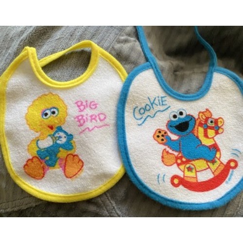 Sesame Street Big Bird Cookie Monster Vintage Baby Bibs Plastic Back Terry Tie