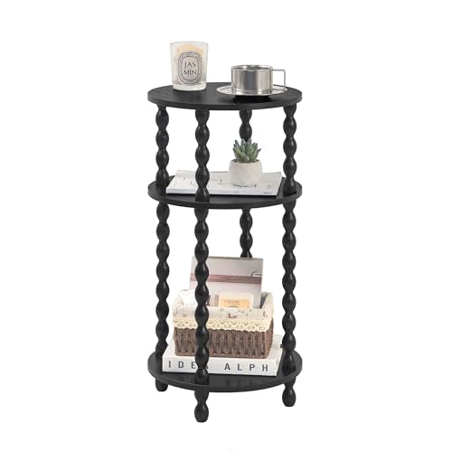 AWASEN Small Round Side Table, Black End Table with 3-Tier Open Shelf for Small Spaces, Round Bedside Table Nightstand for Bedroom, Living Room, Office, Black