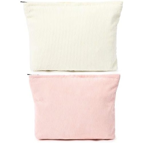 SOIDRAM 2 Pieces Corduroy Makeup Bag Large Corduroy Cosmetic Bag Capacity Canvas Travel Toiletry Bag Organizer Cute Makeup Brushes Aesthetic Accessories Storage Bag for Women, Corduroy L White Pink