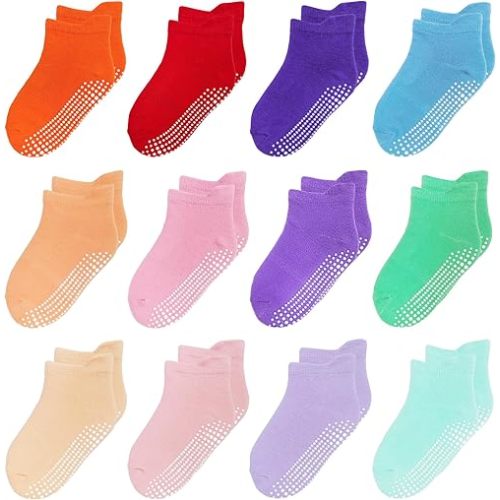 12 Pack Non Slip Kids Toddler Baby Socks with Grips 1-7 Years Boys Girls Cotton Ankle Socks Multi Colors