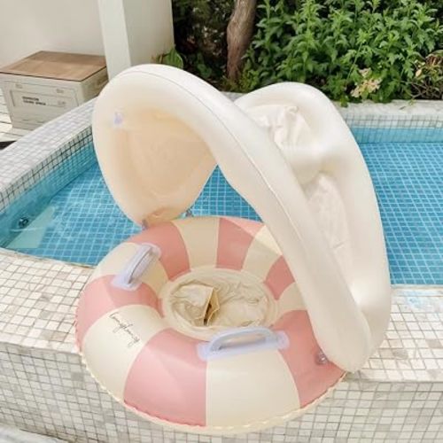 Baby Swimming Ring Inflatables with Detachable Canopy Sun Protection, Stripy Cartoon Float Seat with Handles for Boys Girls 40 lbs