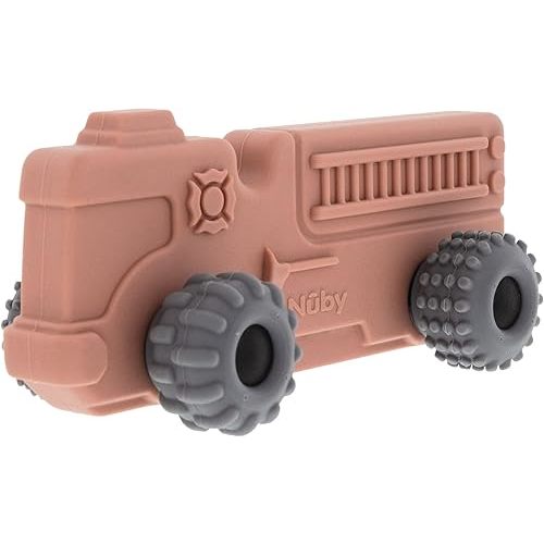 Nuby Silicone Teether Toy for Babies - Textured Teething Red Firetruck with Moving Wheels - Soothes Sore Gums - Encourages Tactile Development and Hand-Eye Coordination - Ages 6+ Months