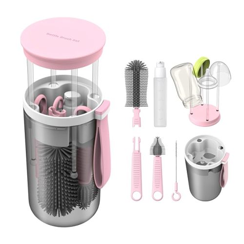 Travel Baby Bottle Brush Set with Extendable Liquid Silicone Bottle Brush，Nipple Brush，Built-in Bottle Drying Rack，Straw Cleaner Brush，Baby Bottle Soap Dispenser，Bottle Warmer (Pink)