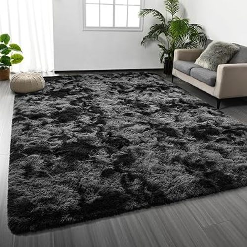 Deerhoo Large Shag Area Rugs 5 x 8, Tie-Dyed Plush Fuzzy Rugs for Living Room, Ultra Soft Fluffy Furry Rug for Bedroom, Indoor Carpet Nursery Rugs for Kids Room Home Decor, Dark Grey