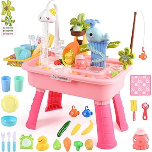 Upgraded Water Table for Toddlers 1-3 with Electric Water Pump, Kids Water Table with Faucet, Play Food Accessories Fishing Toy, Kitchen Play Sink Toys for Girl Boy