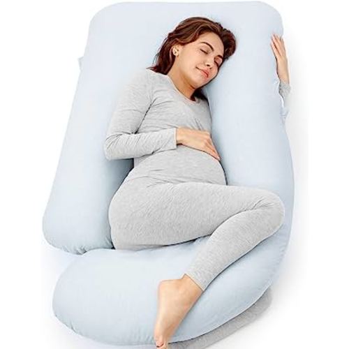 Momcozy Pregnancy Pillows for Sleeping, U Shaped Full Body Pillow for Pregnancy Women with Removable Jersey Cotton Cover, 57 Inch Maternity Pillow, Light Blue