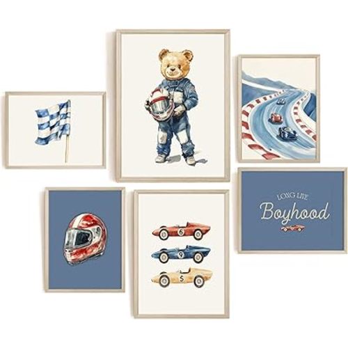 Nursery Race Car Wall Art Boys Room Canvas Wall Decor Vintage Nursery Prints Teddy Bear Poster Race Car Pictures Baby Boy Toddler Painting Artwork for Kids Bedroom Playroom 8x10 Inch Framed 6Pcs