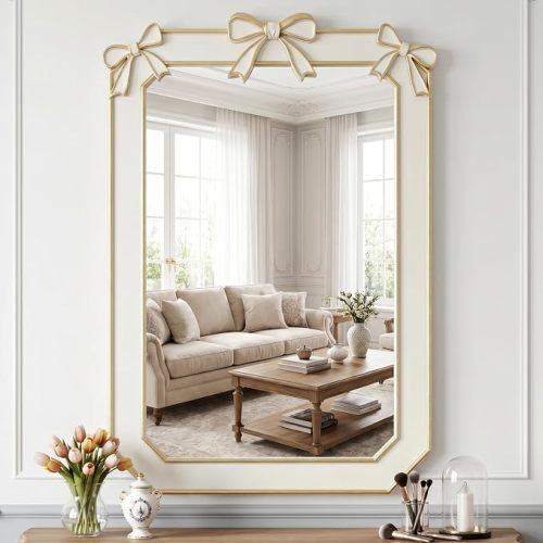 Uniclinens Vintage Round Bow Mirror Nursery Mirror Beaded White 24''