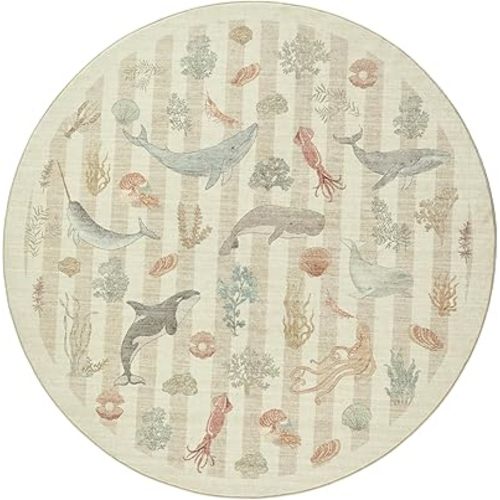 Whales Themed Soft Washable Faux Wool Stain Resistant Rug Rubber Non-Slip Backing for Playroom Bathroom Living Room Bedroom Bedside Beachy Cute Coastal Nautical Nursery Rug (Taupe, 5' Round)