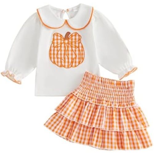 Kuriozud Little Toddler Girl Fall Clothes Long Sleeve Shirts Top Smocked Layered Skirts Set Halloween Thanksgiving Outfits
