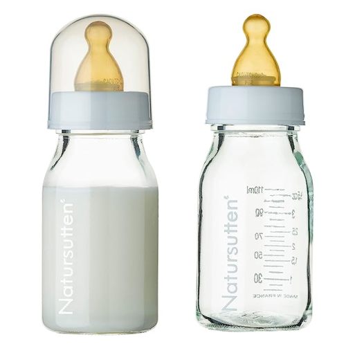 Natursutten Anti-Colic Glass Baby Bottle 2-Pack - 4 Ounce Bottles for Breastfeeding Babies - Newborn Bottles Set: Natural Rubber Slow-Flow Bottle Nipples, Seals, Valves, Baby Bottle Caps