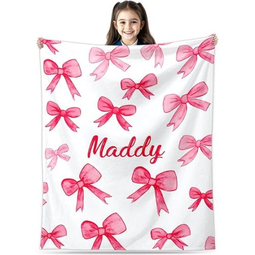 Personalized Pink Bow Blanket Throw with Initial, Custom Monogrammed Gifts for Daughter Women Teen Girls, Soft Lightweight Blankets for Bed Couch Sofa, Birthday (Bow-Name)
