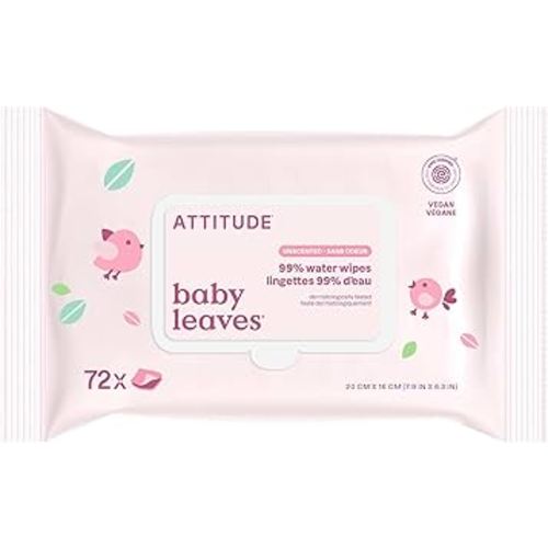 ATTITUDE Baby Water Wipes, EWG Verified, Safe for Newborns, Unscented & Fragrance-Free, 99% Water, Gentle & Hypoallergenic, Vegan & Dermatologically Tested, Travel Pack with Hard Lid, 72 Count