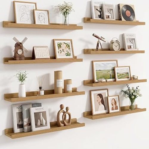 Vivelove 24 in Picture Ledge Set of 8 Wall Mounted Floating Shelves with Lip Waterproof PVC Engineer Wood Display for Living Room, Bedroom, Bookshelf, Photo Frames, Nursery Oak