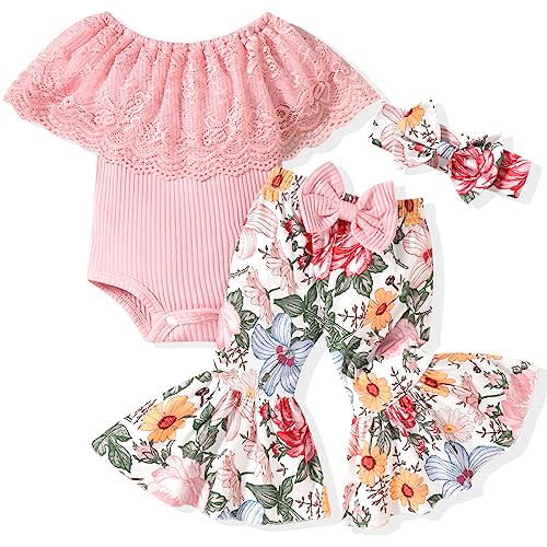 HINTINA Newborn Baby Girl Short Sleeve Bodysuit Flared Pants Ribbed Outfits