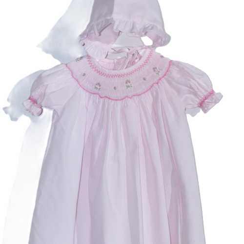 Pink Geometric Smocked with Flowers Short Sleeve Dress & Beautiful Bonnet