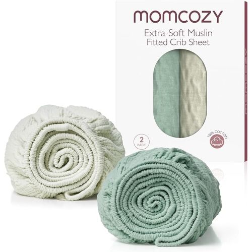 Momcozy Muslin Mini Crib Sheets Fitted - 38''x26'' Pack and Play Sheets for Pack N Play Mattress, 2 Pack Soft & Breathable Natural Cotton Non Slip Bed Cover for Boys, Girls, Grey Green