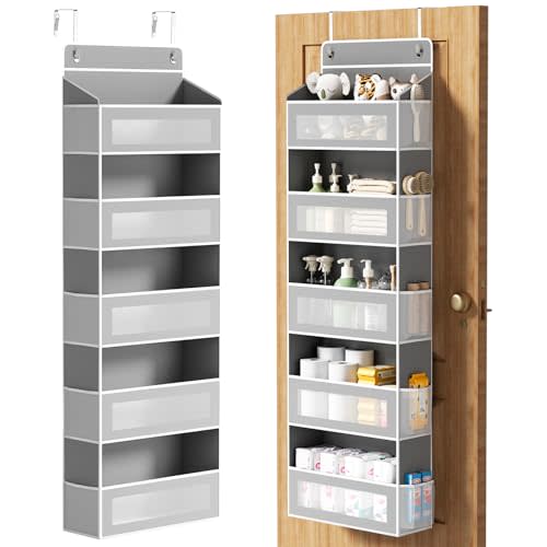 Over The Door Organizer, Over the Door Storage with 5 Large 10 Side Pockets, Hanging Door Organizer 44 lb Load Behind Door Storage, Hanging Shelf for Closet Wall Bedroom Bathroom Nursery, 5-Tier Grey