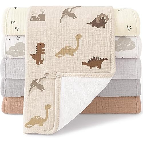 Bearmoss Muslin Burp Cloths, 100% Cotton Baby Burping Clothes, Large Extra Soft Absorbent for Unisex Newborn Boy and Girl, 20x10in, 6 Pack, Grey Print