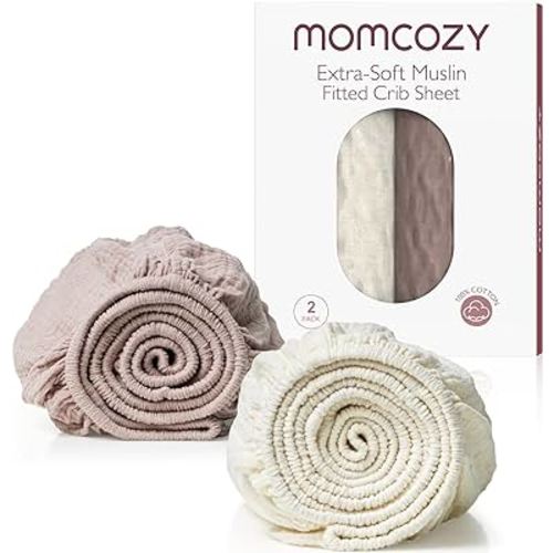 Momcozy Muslin Fitted Crib Sheet, 2 Pack Soft Breathable Natural Cotton 52"x28" Baby Mattress Sheet, 360° Mattress Wrapping No Slip Boys Girls Neutral Toddler Bed Sheet, Large, Coffee Red Beige