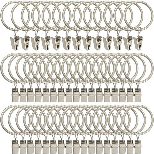 LLPJS 60 Pack Metal Curtain Rings with Clips, Curtain Clip Rings Hooks for Hanging Drapery Drapes Bows, Curtain Rod Rings 1.5 inch Interior Diameter, Matte Silver