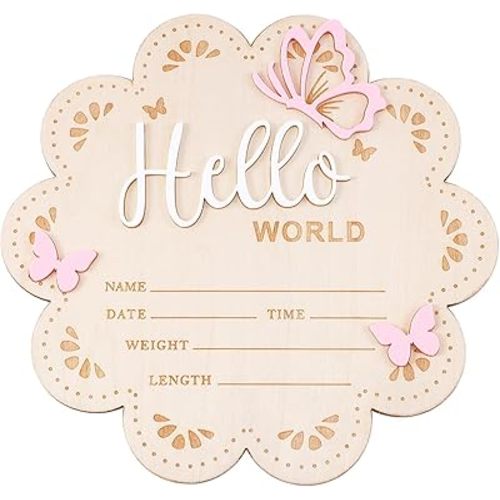 Hello World Newborn Sign, 6 Inch Pink Butterfly Baby Name Announcement Sign, Birth Announcement Signs, Wooden Baby Welcome Signs for Newborn Photo Props Babies Shower Hospital Nursery