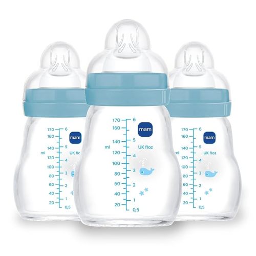 MAM Feel Good Glass Baby Bottles, Slow Flow (0+ Months), SkinSoft Silicone Nipple 94% Acceptance, Easy Switch Breast to Bottle, BPA & BPS Free, 6 oz, 3 Pack, Boy