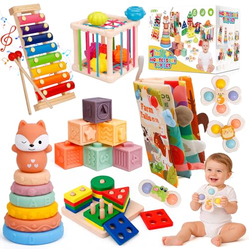 Montessori Baby Toys for Toddlers 1-3 | 7-in-1 Educational Activity Toy Set with Soft Cloth Book, Stacking Blocks & Learning Toys, Birthday Gifts for Boys Girls