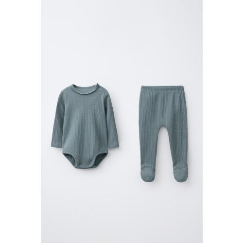 RIBBED BODYSUIT AND FOOTED LEGGINGS SET - Petrol blue | ZARA United States