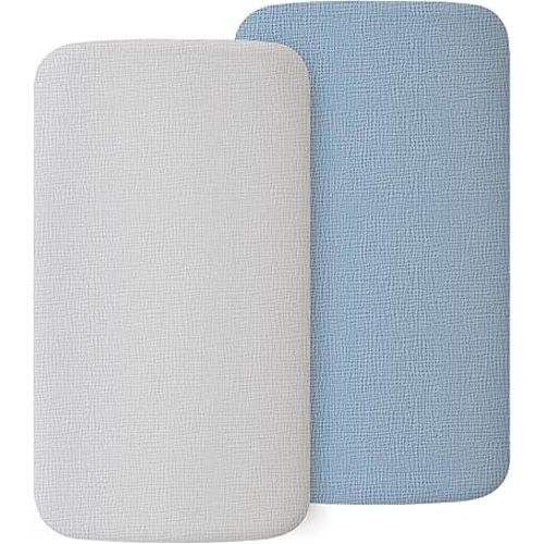 2 Pack Muslin Fitted Bassinet Sheets for Babies, Soft & Breathable 100% Cotton Bedside Sleeper Bassinet Sheet, Moses Basket Oval Rectangle Pad/Mattress (Blue)