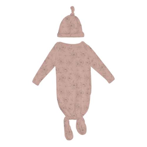 Print Knotted Layette Gown & Hat Set in Baby Rose Pencil Floral