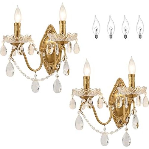 Crystal Wall Sconce Set of 2, Crystal Wall sconces, Vintage Wall sconces, Gold Brass Finish with Glass Drops, for Bedroom Living Room Bathroom Vanity Mirror Light Fixtures