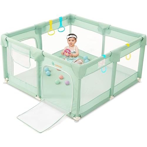 COMOMY Playpens for Babies and Toddlers, Small Baby Play Pens, Activity Center for Baby Safe and Non-Slip Baby Fence, Full Mesh Design, Indoor & Outdoor Kids Activity Center (Dark Green, 50"x50")