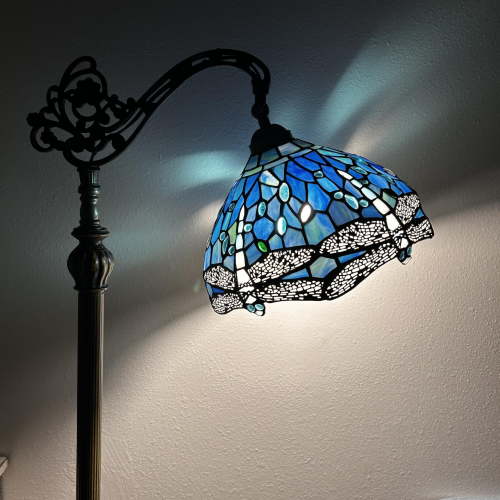 Tiffany Floor Lamp Dragonfly Blue Stained Glass LED Bulb Included Gooseneck Adjustable Corner Standing Reading Light or Living Room Bedroom 20"W*12"D*63"H