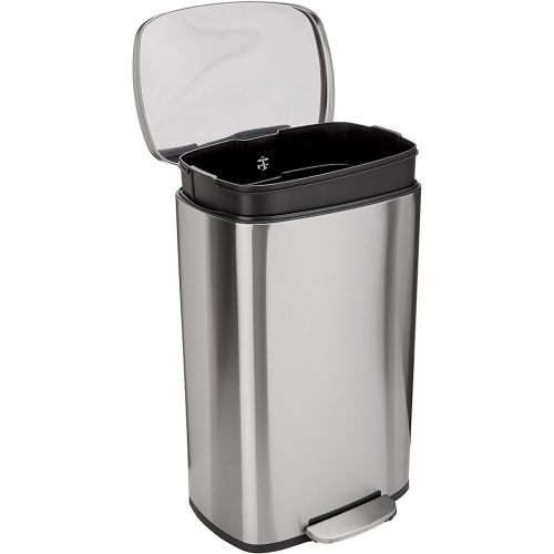 Amazon Basics Smudge Resistant Rectangular Trash Can With Soft-Close Foot Pedal, Brushed Stainless Steel, 50 Liter/13.2 Gallon, Satin Nickel Finish, 16.7"L x 14.7"W x 25.9"H