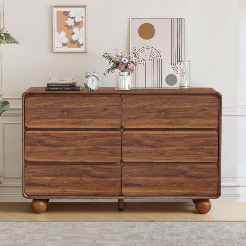 YOCWO 6 Drawer Dresser for Bedroom, Mid Century Chest of Drawers with Arc Edge and Round Leg, Wood Storage Large Dresser Organizer for Bedroom Living Room Hallway Closet, Walnut