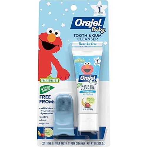 Orajel Baby Elmo Tooth & Gum Cleanser Fluoride-Free, 1 Finger brush, 1 Toothpaste 1oz; #1 Pediatrician Recommended Fluoride-Free Toothpaste*