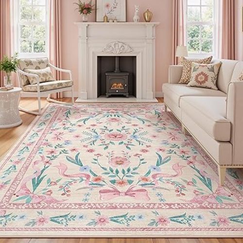 Pink Floral Bow Rug 6x9 for Living Room, Washable Non Slip Area Rug, Soft Boho Carpet for Bedroom, Kids Room, Nursery or Dining Room Decor