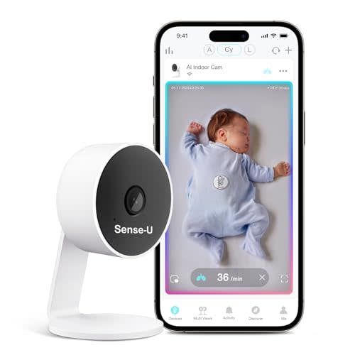 Sense-U AI Baby Camera Monitor with Sensor-Free Sleep Breathing Movement Detection, Smart Security Indoor Video Camera with Background Audio, Sound Detection, No Monthly Fee, for Peace of Mind