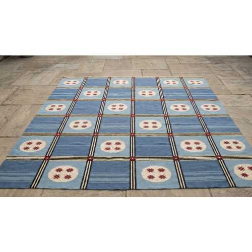 Handwoven Blue Kilim Rug | Scandinavian Plaid Wool Dhurrie Carpet